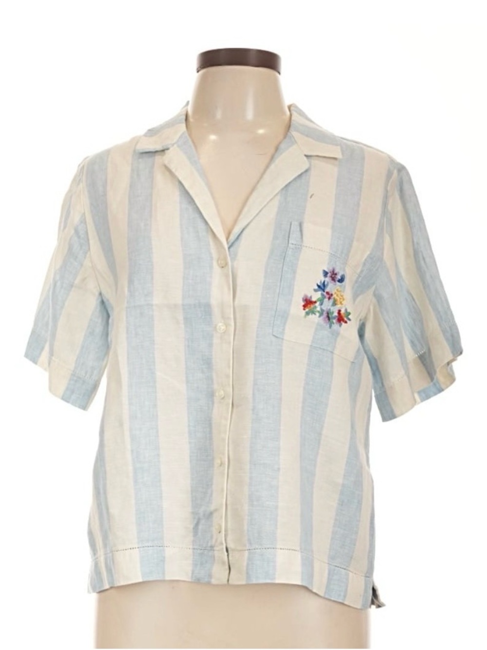 Light Blue and Cream Striped Short-Sleeve Shirt with Embroidered Pocket